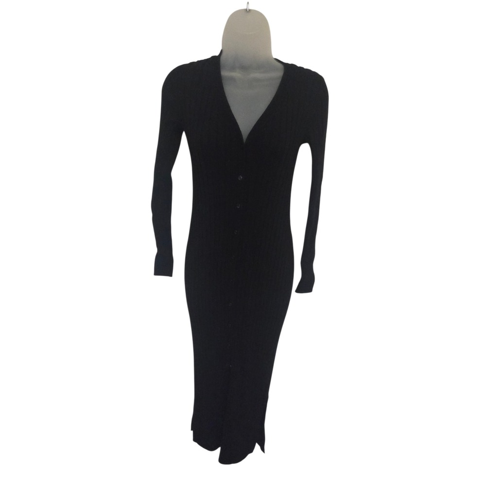 Club Monaco Black Ribbed Knit Midi Dress Button Front Long Sleeve Women's Small